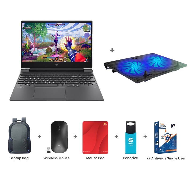 Picture of HP - Victus AMD Ryzen 5 5600H 15.6" (39.6 cm) 15-fb0185AX Gaming Laptop (8GB/ 512GB SSD/ AMD Radeon RX 6500M/ 4 GB GDDR6/ Windows 11 Home/ MS Office/ Mica silver/ 1 Year Warranty/ 2.29 kg) Zebronics ZEB-NC3300 USB Powered Laptop Cooling Pad + Laptop Bag + Wireless Mouse + Mouse Pad + Pendrive + K7 Antivirus Single User